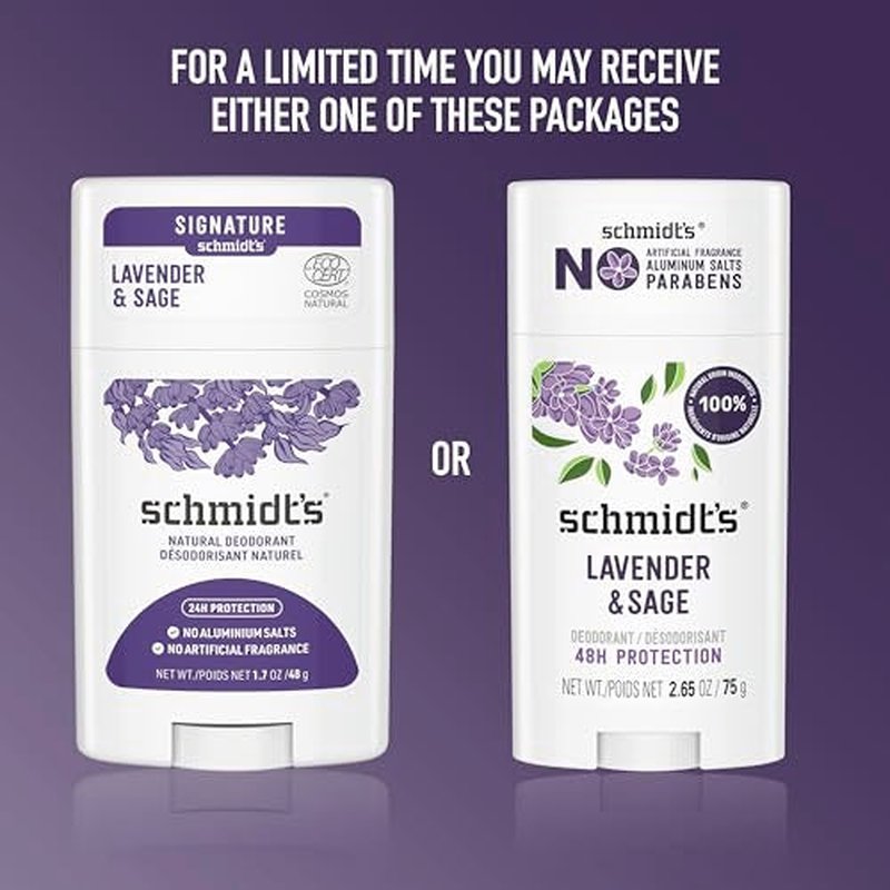 Schmidt's Aluminum-Free Vegan Deodorant Lavender & Sage with 24 Hour Odor Protection, 2 Count for Women and Men, Natural Ingredients, Cruelty-Free, 2.65 oz
