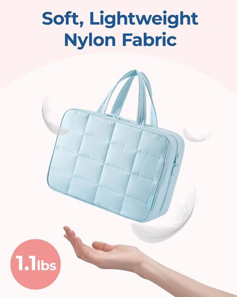 BAGSMART Travel Toiletry Bag with Jewelry Organizer, Hanging Travel Bag for Toiletries, Puffy Makeup Cosmetic Bag Organizer, Carry-on Travel Accessories Essentials, Light Blue-M