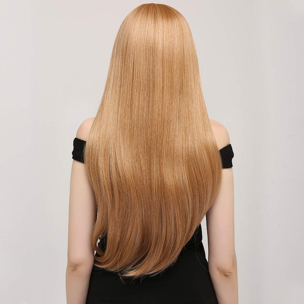 SOKU Strawberry Blonde Natural Straight Wig with Bangs 28" Long Straight Honey Blonde Fringe Wig Synthetic Silky Hair Wigs for Women Cosplay Costume Wigs