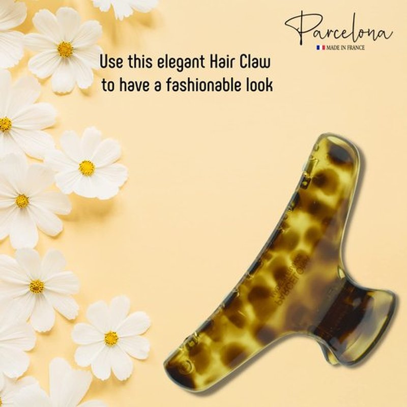 Parcelona French Flat Salon Style Medium 3 1/4" Celluloid Covered Spring No Slip Grip Jaw Hair Claw Durable Styling Paris Hair Accessories Women Strong Hold Girls Hair Claw Clips, Made in France (Leopard Print)