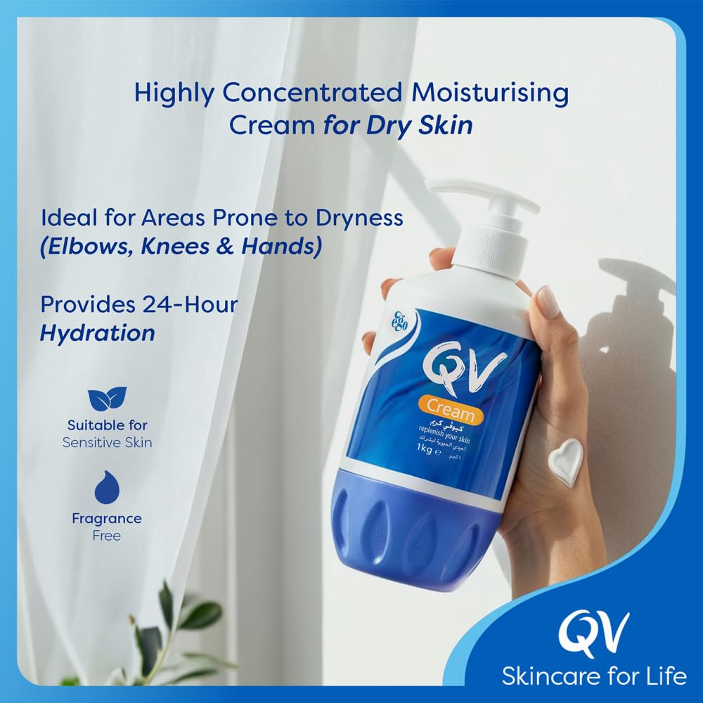 QV Cream with 10% Glycerin (1050g) Rich Protective Moisturiser for Sensitive, Dry Skin, Fragrance Free, Noncomedogenic Body Cream, Hydrating Skin Care for Eczema, Psoriasis, Dermatitis, Pump Bottle