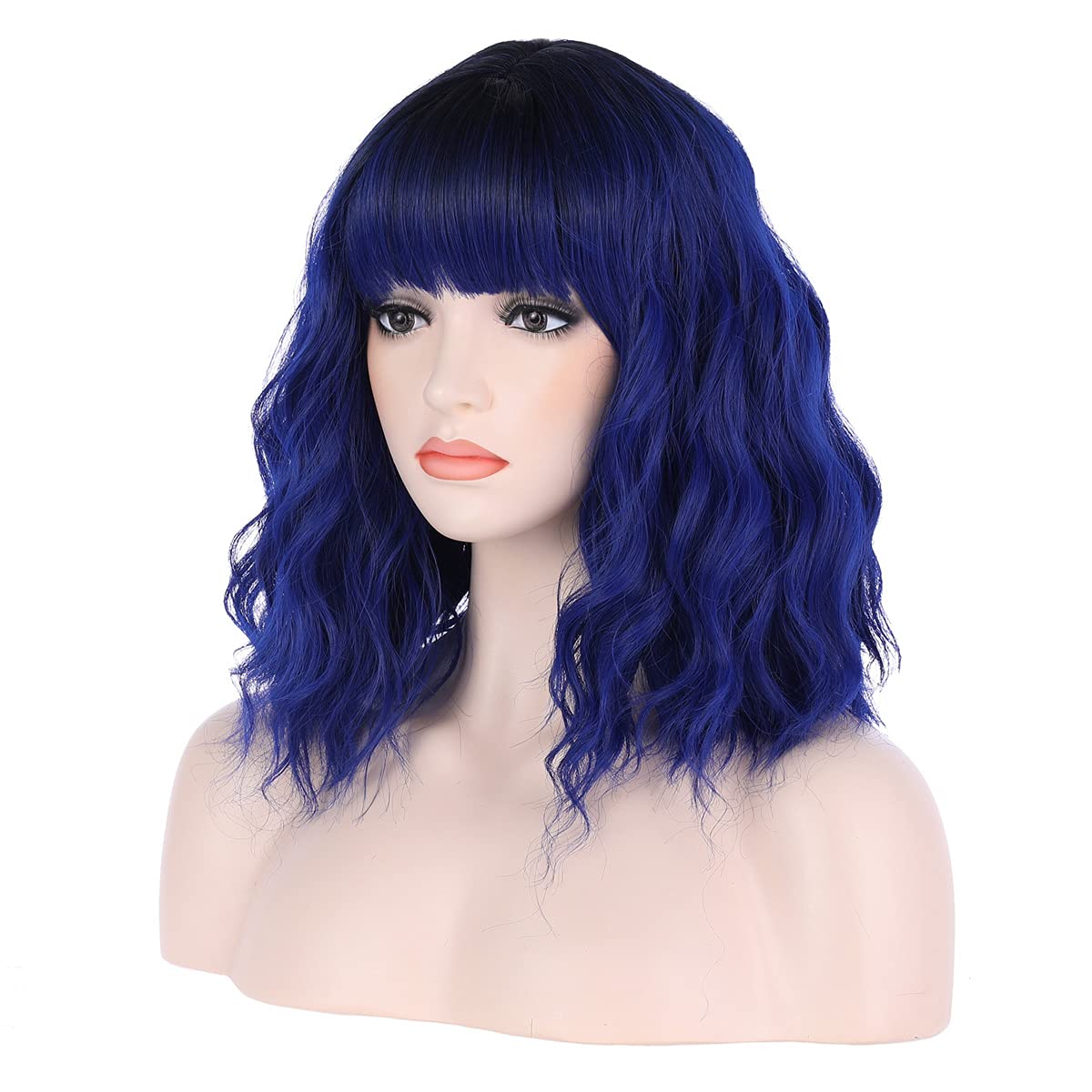 incohair Ombre Wig Blue Wigs 14 inches Black to Dark Blue Ombre Wigs 2 Tones Color Short Curly Bob Wig with Bangs Synthetic Cosplay Party Daily Wigs Wig Cap Included (Ombre Dark Blue)