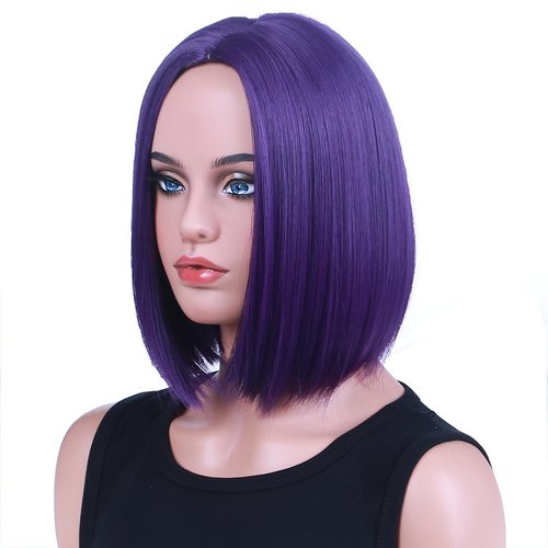PATTNIUM Dark Purple Bob Wig for Women Short Straight Purple Wig with Bangs Short Purple Bob Hair Wigs Heat Resistant Synthetic Wig with Wig Cap