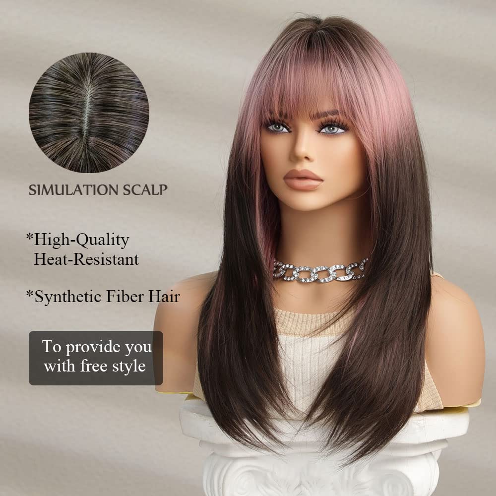 OUFEI Pink Brown Ombre Wig with Bangs Long Straight wigs for Women Layered Wigs Synthetic Hair Heat Resistant Wigs for Daily Party Cosplay Wear