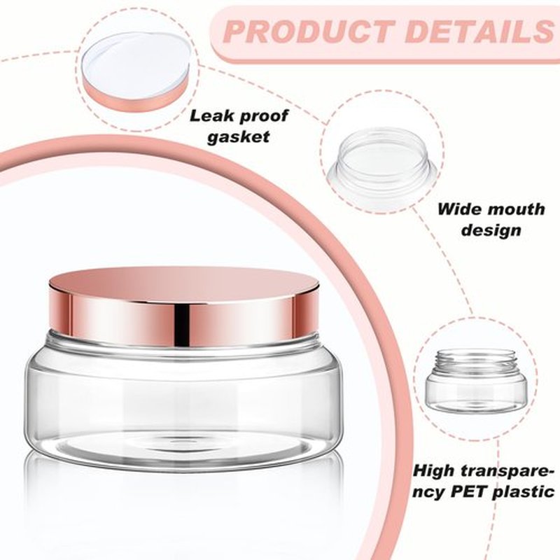 Tessco 24 Pack Plastic Jars with Lids Labels Plastic Containers Round Refillable Cosmetic Containers Empty Body Butter Jars Sugar Scrub Containers for Cosmetics (Clear, Rose Gold,5 oz)