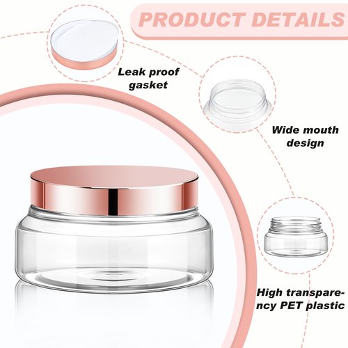 Tessco 24 Pack Plastic Jars with Lids Labels Plastic Containers Round Refillable Cosmetic Containers Empty Body Butter Jars Sugar Scrub Containers for Cosmetics (Clear, Rose Gold,5 oz)