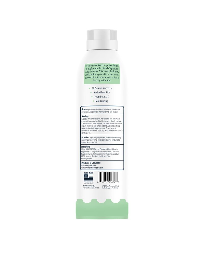 Florida Squeezed Aloe After Sun Spray, Cooling Aloe Vera Mist for Sun-Exposed Skin, Vitamin Enriched Hydrating & Soothing Moisturizer, Lightweight Non-Greasy Formula