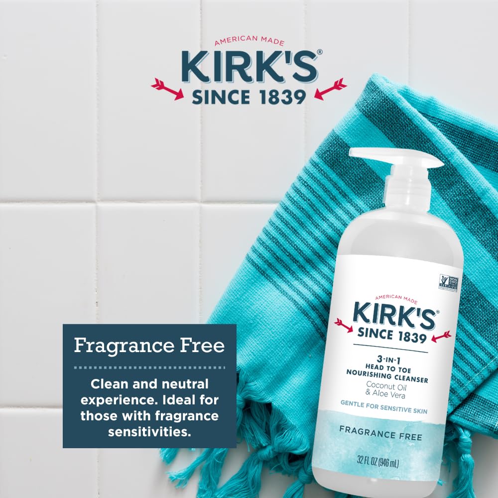 Kirk's 3-in-1 Head to Toe Nourishing Liquid Cleanser & Travel Size Bar Soap - for Men, Women & Children - Premium Coconut Oil and Aloe Vera- Non GMO & Vegan -Fragrance Free - 32 Fl Oz. 2 pack