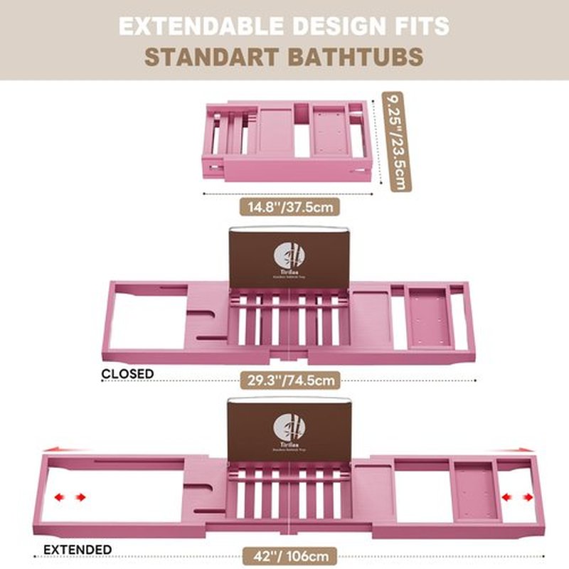 Yirilan Foldable Bathtub Caddy, Expandable Bath Caddy Tray, Unique House Warming Gifts, New Home, Anniversary and Wedding Gifts for Couple, Pink