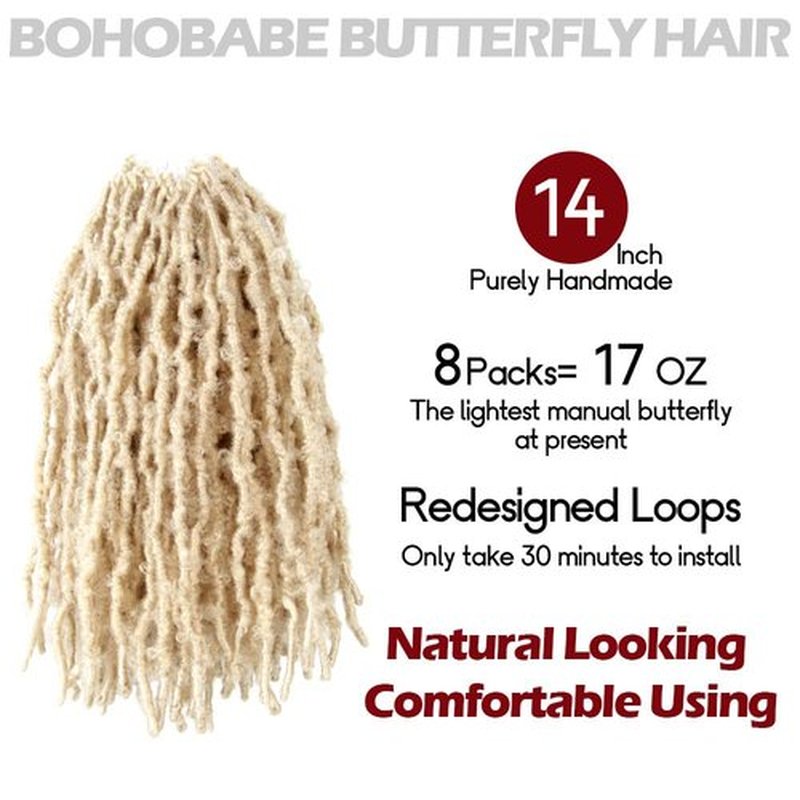 8 Packs Butterfly Locs Crochet Hair 14 Inch Light Weight Butterfly Faux Locs Crochet Hair Short Blonde Distressed Butterfly Locs, 613#