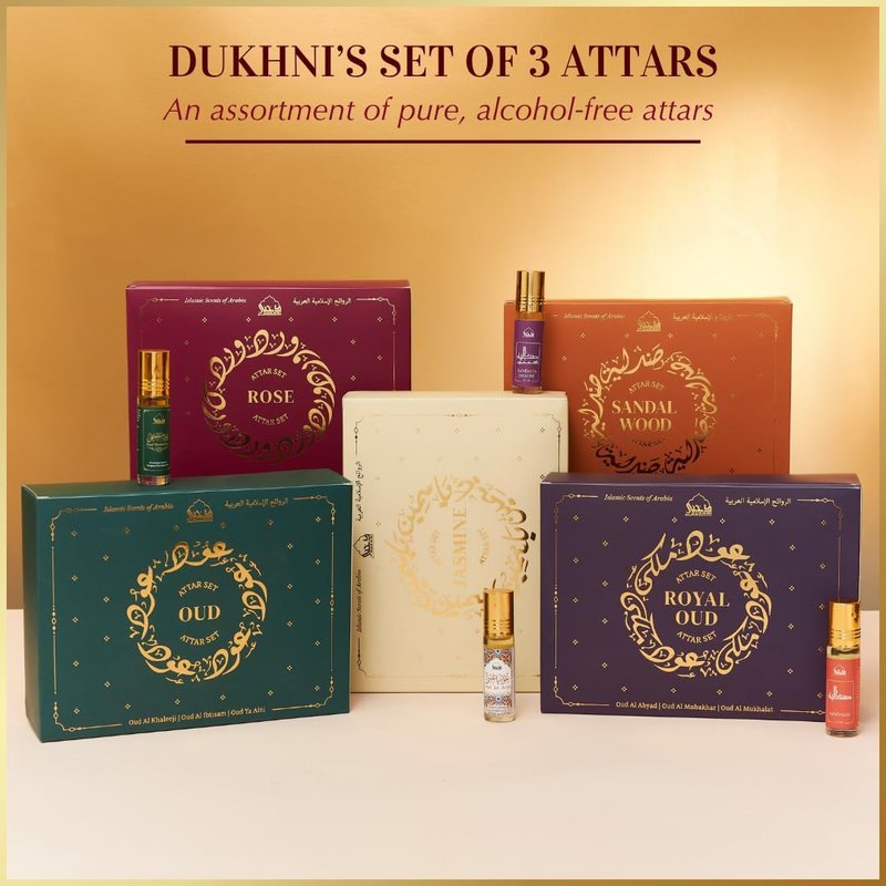 Dukhni Rose Attar Oil Set | Authentic Arabic Fragrance Oils 3pc x 6ml | 100% Pure, Alcohol-Free Original Gulab Attar Blends | Unisex Attar | Best gift, Ramadan gift, Islamic fragrance