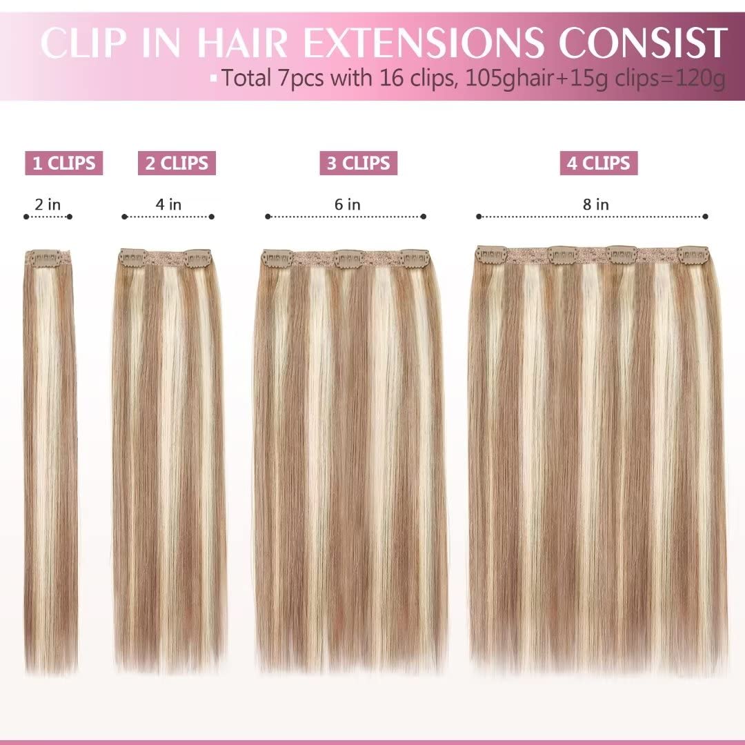 Fimislosion 22" Clip in Real Human Hair Extensions with Double Weft, 7pcs with 16clips,120 Gram (#18/613 Honey Blonde With Bleach Blonde)