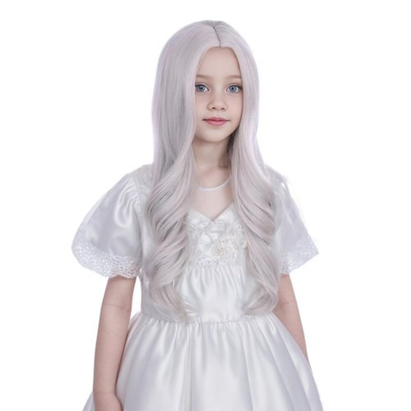 Ufindcos Silver Gray Wig for Kids Long Grey Wig Long Wavy Curly Child Wig Silver Wig for Girls Middle Part 22 inches Natural Synthetic Wig (Silver Gray)
