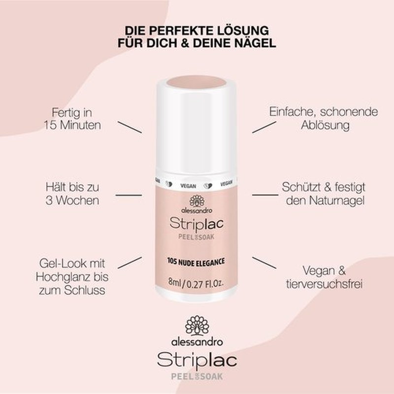alessandro Striplac Peel or Soak Nail Polish - Long Lasting Wear - Quick Drying Time - Offers a Variety of Colors - Delivers Professional Results - Vegan - Cruelty Free - Nude Elegance - 0.27 oz