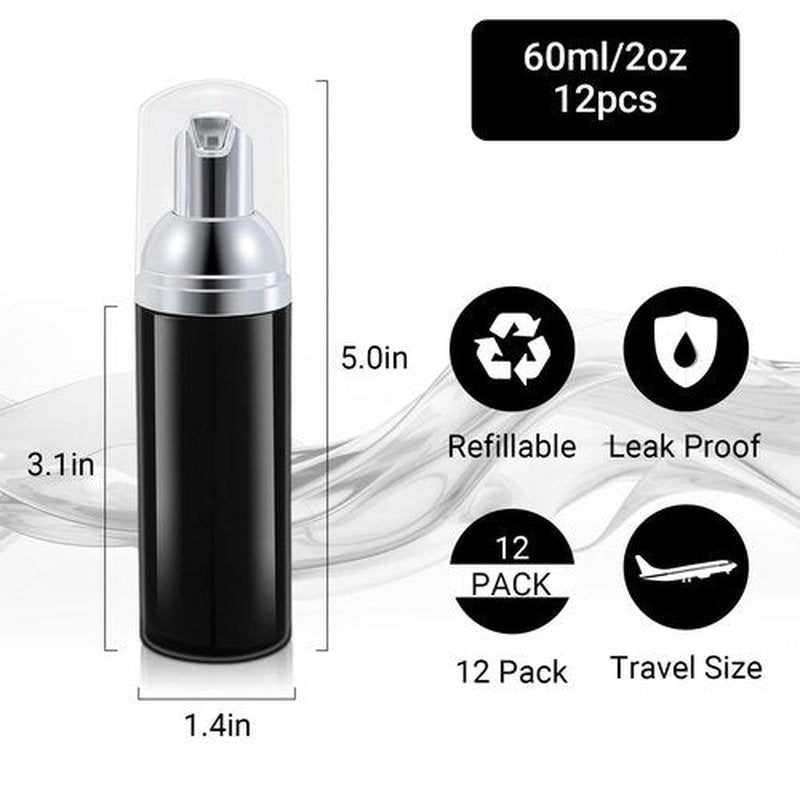 ASEVAT 12 Pcs Empty Foam Pump Bottle, 2 oz Mini Travel Foaming Soap Dispenser for Hand Soap, Lash Cleanser, Shampoo (Black + Silver pump)
