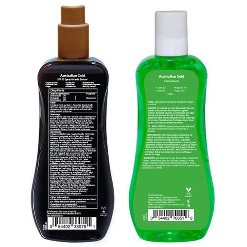 Australian Gold Sunscreen Gel Spray with Bronzer + Soothing After Sun Aloe Vera Gel, Hydrating Sunburn Relief & Broad Spectrum UVA/UVB SPF 15 Sunscreen Spray, Cruelty-Free & Vegan Skin Care Set