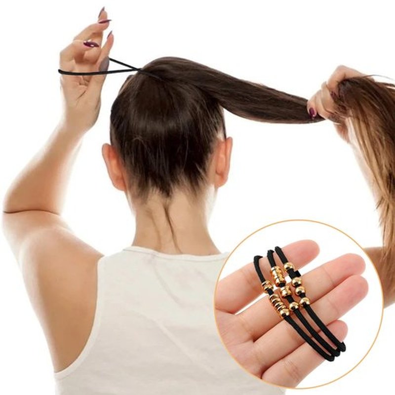 PEOVLVN 5 Pcs Hair Tie Bracelets for Women, Boho Hair Ties No Damage Elastic Hair Ties Cute Bracelet Hair Ties with Bead Ponytail Holders Hair Bands for Women Girls Hair Accessories (Black)