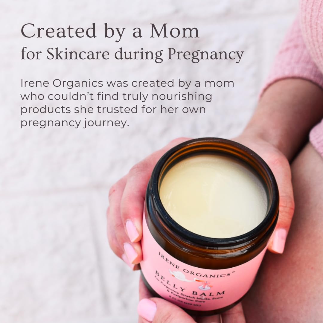 Irene Organics Organic Belly Butter for Pregnancy Stretch Mark Prevention and Treatment Award Winning Anti Stretch Mark Tummy Balm For Pregnancy and Postpartum 8oz - Hydrating Bump Cream
