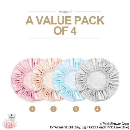 Shower Cap for Women Reusable Extra Large Shower Caps for Men Satin Double Layer EVA Waterproof Long Hair Caps(Light Grey, Light Gold, Peach Pink, Lake Blue 4 Pack)
