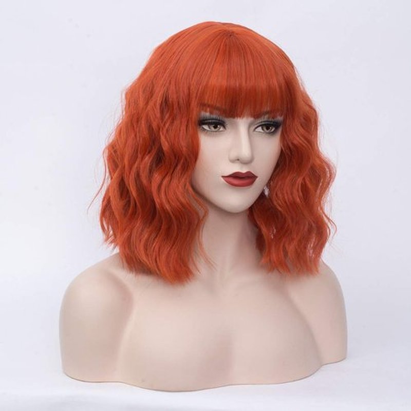 BUFASHION 14" Women Short Wavy Curly Wig Orange Bob Wig Cosplay Halloween Synthetic Wigs Wigs With Neat Bang Wig With Free Wig Cap (Orange 1)