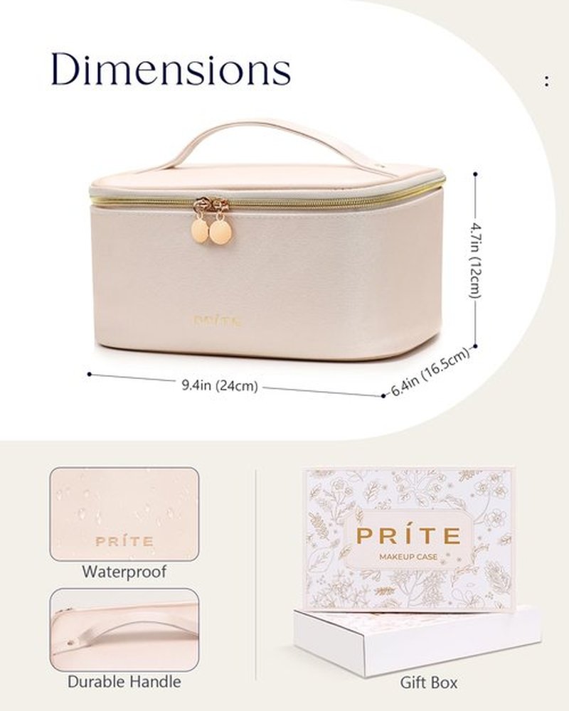 Prite Makeup Bag, Large Capacity Portable Travel Cosmetic Bag, Waterproof Makeup Organizer for Women with Handle and Divider(Pearl White)