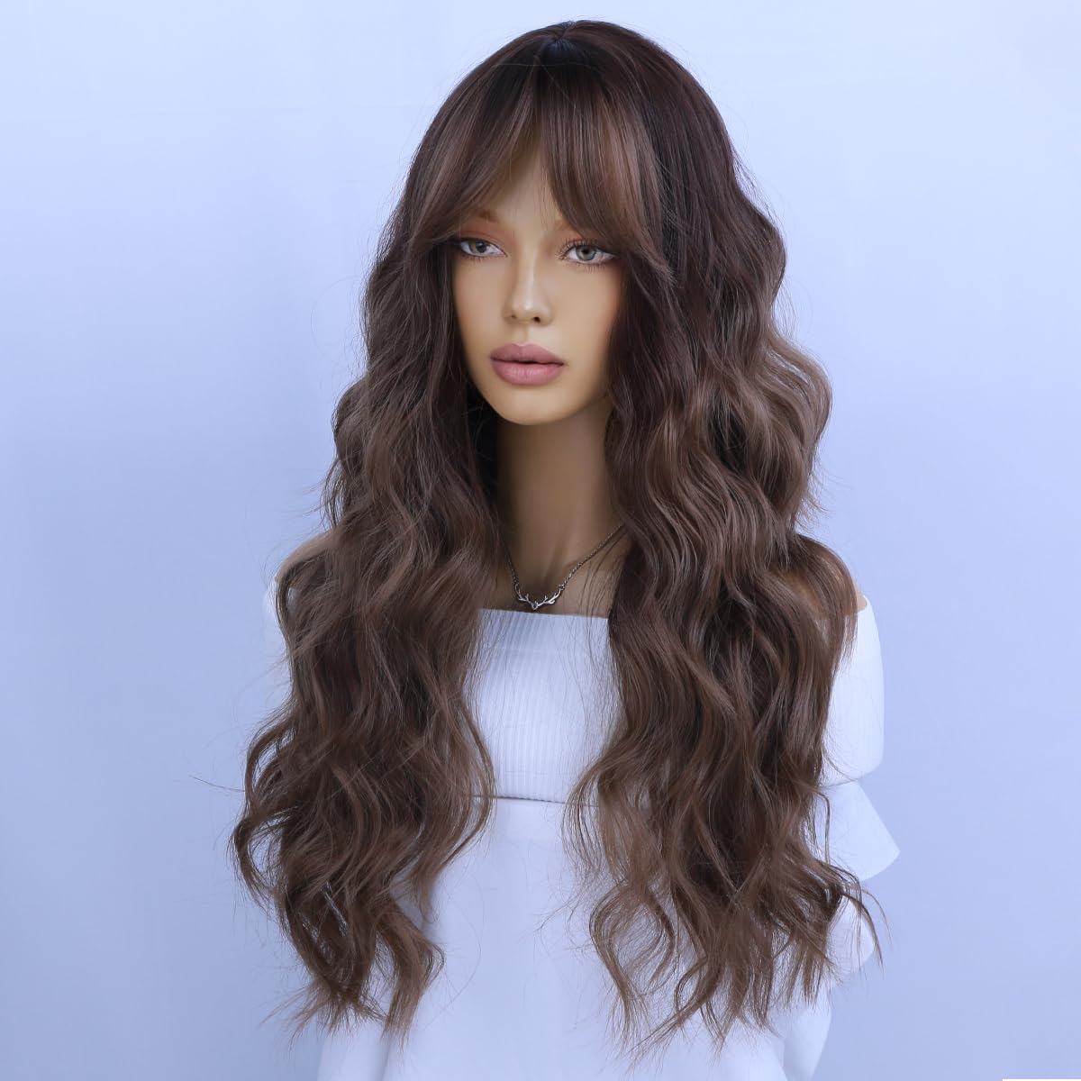 WTHCOS Brown Ombre Wig Long Wavy Hair Wig With Bangs for Women Mixed Brown Ombre Heat Resistant Synthetic Hair Wigs for Daily Use Cosplay Wig With Wig Cap