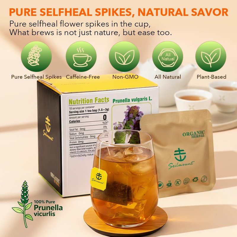 Soilmount - Self-Heal Tea - |Prunella vulgaris|xia ku cao|夏枯草| - Pure Herbal Tea - Natural, Organic, Non-GMO, Clean Ingredients, Caffeine Free (18 Tea Bags, Box 1)