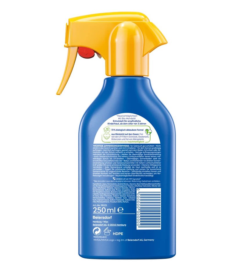 NIVEA SUN Kids Schutz & Pflege 5in1 Hautschutz LSF 50+ Sonnencreme (250 ml), hoher Sonnenschutz mit Bio-Mandelöl, extra wasserfestes Sonnenspray für empfindliche Haut