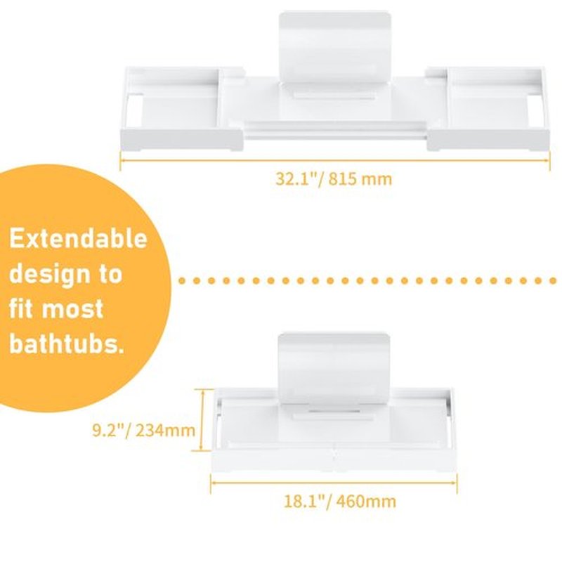 Bathtub Tray Caddy Table for Tub - Rulyyo Tub Tray Bath Caddy Tray for Bathtub, White 18-32.5 Inch Expandable Over The Tub Bath Tray for Bathtub, Waterproof Bathtub Caddy Tray for Luxury Bath