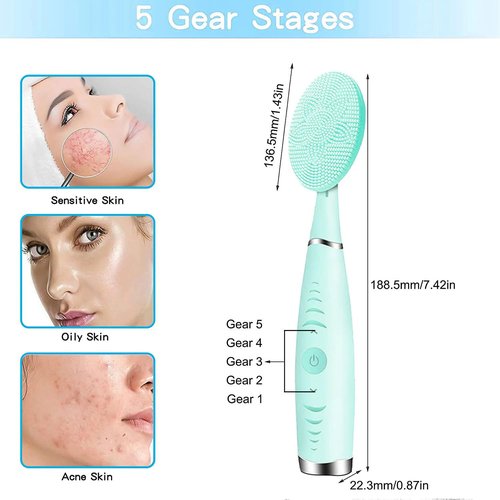 Sonic Facial Cleansing Brush, Lyrzzey Portable Handled Face Cleansing Brush with 5 Adjustable Speeds Vibrating Rechargeable Face Cleansing Brush for Deep Cleaning Gentle Exfoliating Massaging(Blue)