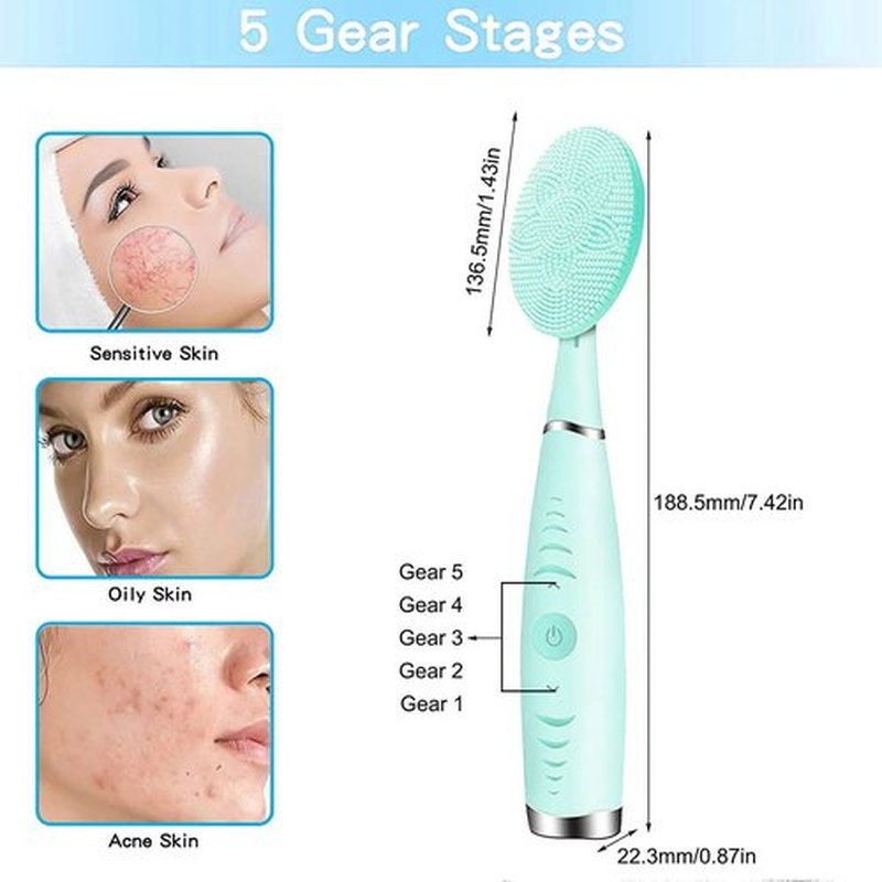 Sonic Facial Cleansing Brush, Lyrzzey Portable Handled Face Cleansing Brush with 5 Adjustable Speeds Vibrating Rechargeable Face Cleansing Brush for Deep Cleaning Gentle Exfoliating Massaging(Blue)