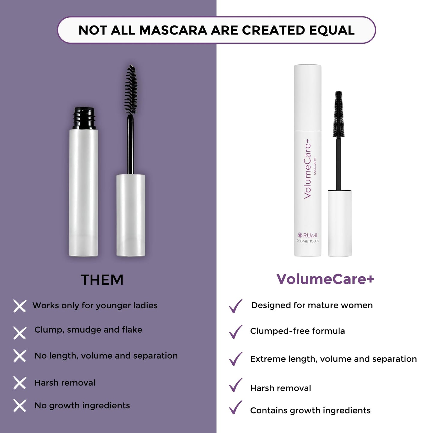 Rumi Cosmetiques VolumeCare+ Mascara For Older Women - Extreme Length and Volume 2-in-1 Formula - No Clumps, Long-Wearing, Hypoallergenic Mascara For Sensitive Eyes (Natural Black)