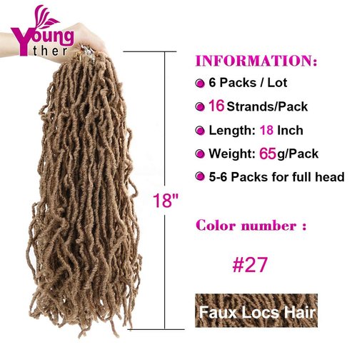 Youngther 18 inch New Faux Locs Crochet Hair Curly Wavy 6 Packs Crochet Faux Locs Hair Synthetic Crochet Hair for Black Women (18inch 6packs-#27)