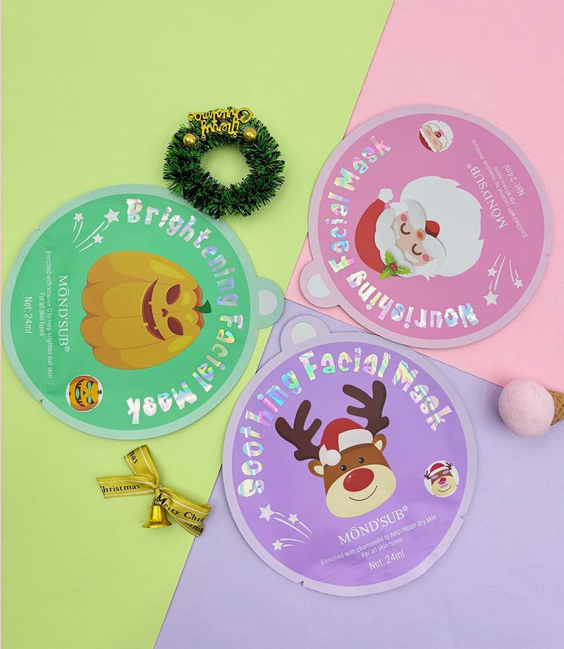 MOND'SUB Christmas Face Masks, Hydrating,Brightening,Nourishing and Soothing Sheet Animal Mask Set,Spa Kit for Women Skin Care,Stocking Stuffers Gifts,Korean Facial Masks,6 Pcs