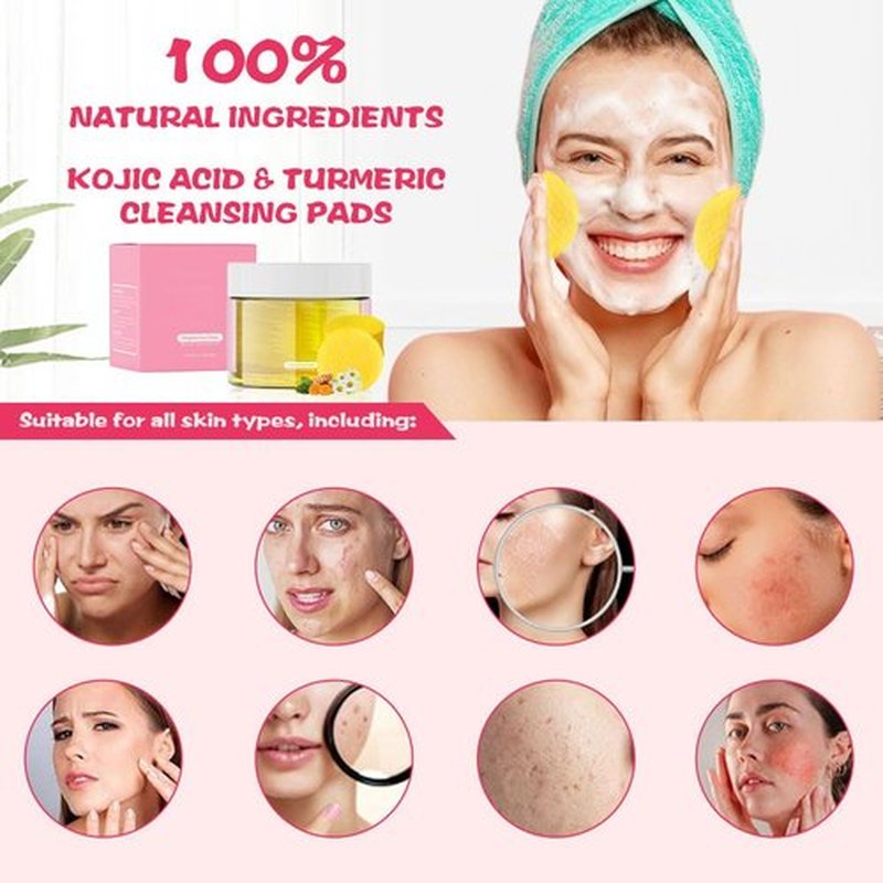 Turmeric Kojic Acid Cleansing Pads, 2025 New Sugar Turmeric Cleansing Pads for Face Turmeric Kojic Acid Pads, Upgrade 55Pcs Turmeric Pads Infused Foaming Exfoliating Pads (Yellow, One Size)