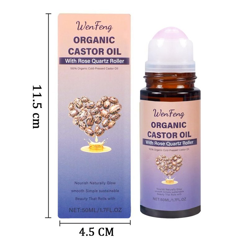 WenFeng Organic Castor Oil Roll On with Rose Quartz Roller Ball