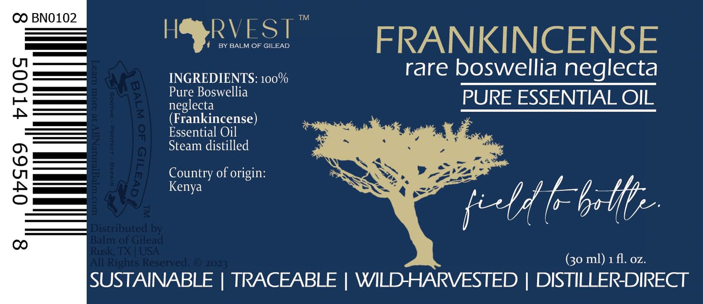 Balm of Gilead Frankincense Essential Oil for Skin & Face - Ethicaly Sourced, Wild-Harvested, Reviving & Fully Sustainable Rare Boswellia Neglecta - 1 fl Oz Traceable Field to Bottle
