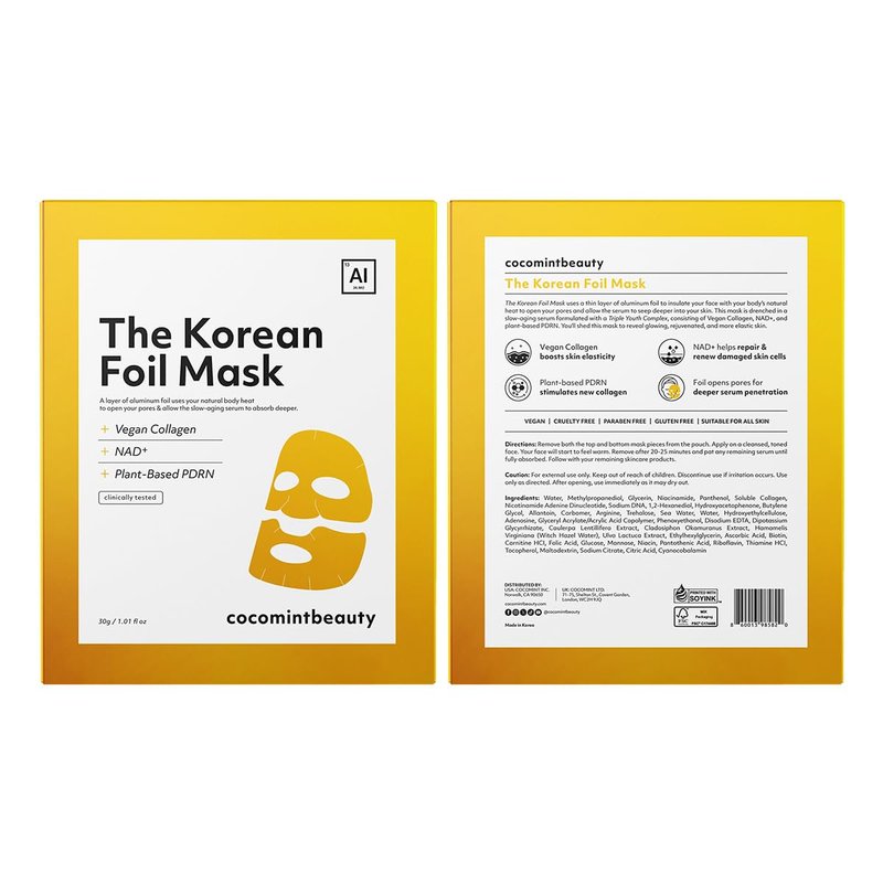 cocomintbeauty The Korean Foil Sheet Mask | Insulating Face Mask for Deep Absorption, NAD+, Collagen, PDRN, Firming, Elasticity, Moisturizing (30g x 4 sheets)