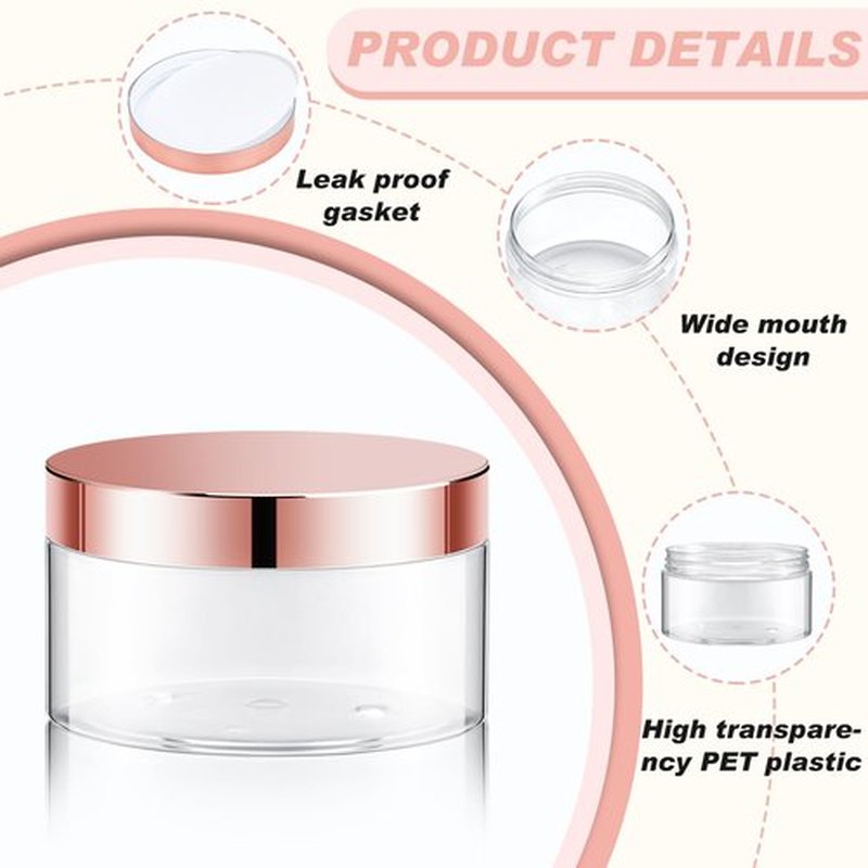 Dandat 24 Pcs Plastic Jars with Lid and Label PET Cosmetic Containers Leak Proof Empty Cosmetic Jars Refillable Storage Travel Jars for Lotion Cream Gel Powder Ointment(Clear with Rose Gold Lid,8 oz)
