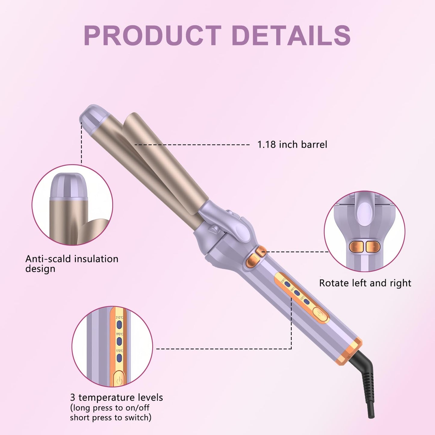 Curling Iron 1.18 Inch, Curling Wand for Long Hair and Short Hair, 3 Temperature Settings Ceramic Long Barrel Hair Curling Iron (Purple)