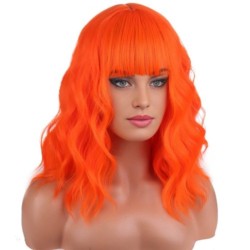 BERON 14 Inches Orange Wig Short Curly Wig Women Girl's Synthetic Wig Orange Wig with Bangs Wig Cap Included