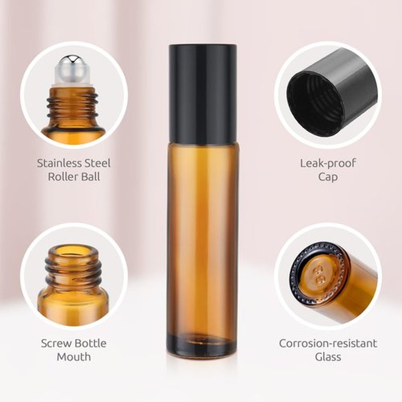 bofessor 8 Pack Essential Oil Roller Bottles, 10ml Amber Glass Roll on Bottles, Stainless Steel Roller Ball, Opener, Plastic Pipettes, Funnel, 8 Stickers, Refillable Container for Perfume