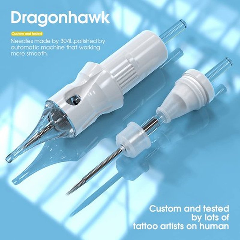 Dragonhawk Tattoo Needles Cartridges, 1207RLT Round Liner Tight Long Taper, 50 Count Needles Kit, Membrane Transparent for Pro Aritsts