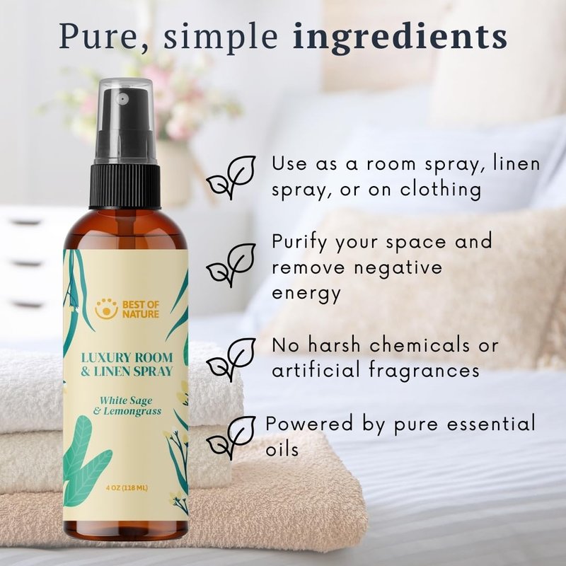 Best of Nature White Sage & Lemongrass Luxury Room & Linen Spray: 100% Natural Clearing Sage Spray for Freshening Rooms, Cleansing Energy, and Refreshing Linens - Pure Essential Oil Air Freshener