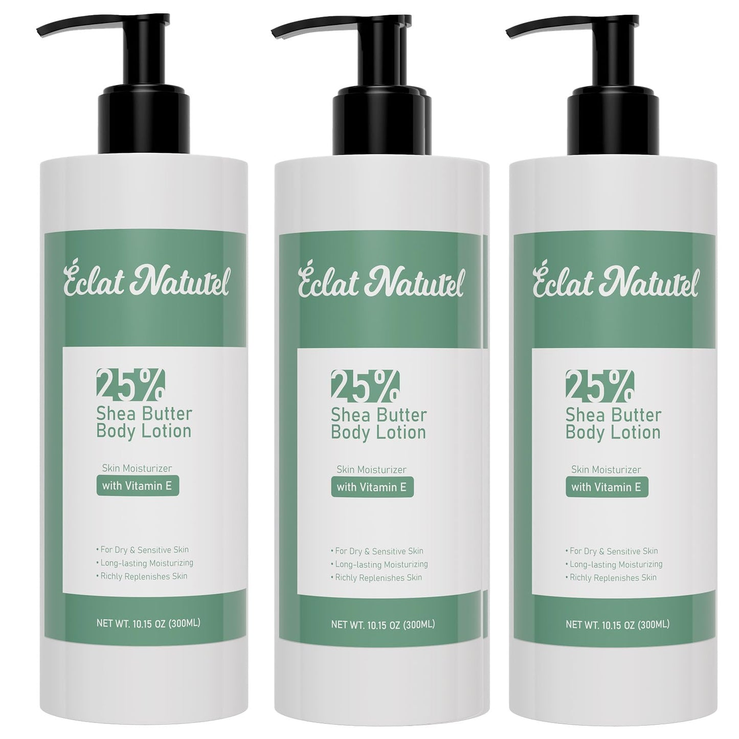 ÉCLAT NATUREL Shea Butter Body Lotion for Dry Skin, 25% Shea Butter Lotion with Vitamin E Moisturizer, Hydrating Nourishing Moisturizing Pump Body and Hand Cream, 10.15 Fl Oz (Package of 3)
