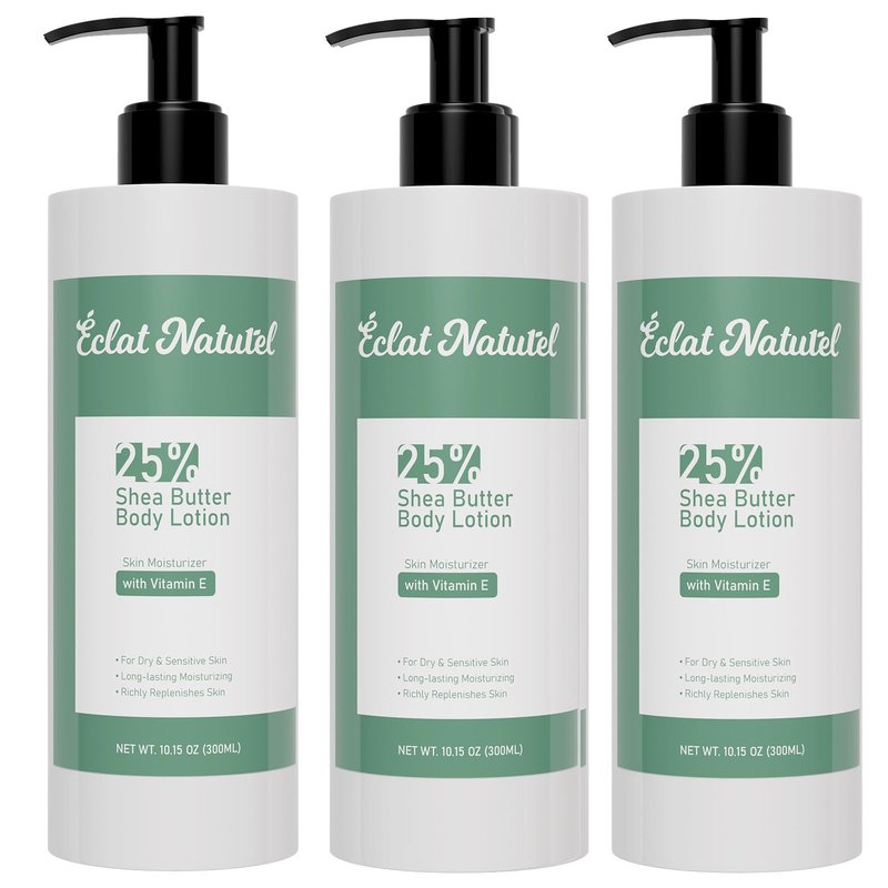 ÉCLAT NATUREL Shea Butter Body Lotion for Dry Skin, 25% Shea Butter Lotion with Vitamin E Moisturizer, Hydrating Nourishing Moisturizing Pump Body and Hand Cream, 10.15 Fl Oz (Package of 3)