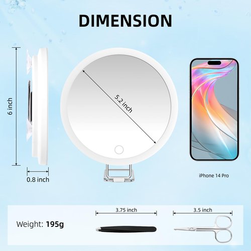 5X Magnifying Mirror with Light, 5X Makeup Magnifying Mirror, 6'' LED Magnifying Mirror Large Lighted Makeup Magnification Mirror with Adjustable Stand & Suction Cups, Compact Travel Magnifying Mirror