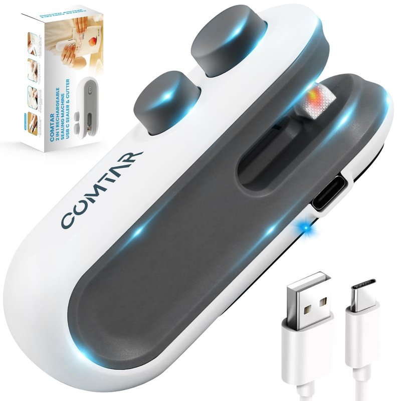 2in1 Mini Bag Sealer With Cutter And Magnet- Heat Seal & Cutter, Portable Handheld Chip Bag Sealer for Snacks, Candies & Food Storage (White, 1 PACK)