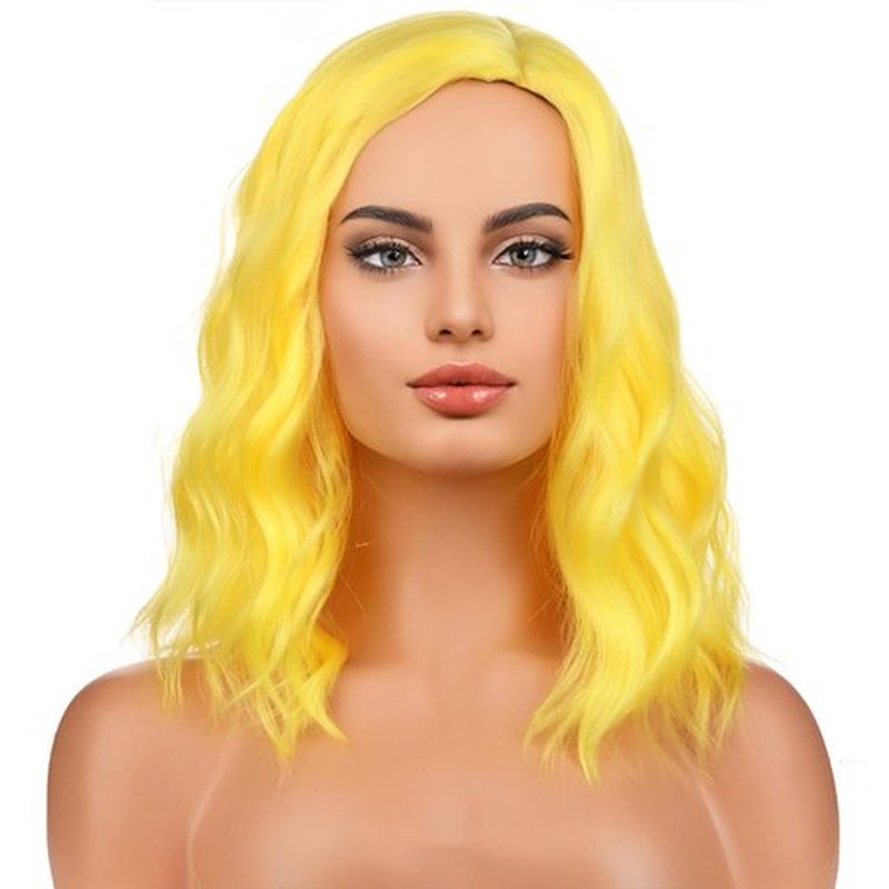 BERON 14 Inches Yellow Wig Short Curly Wig Yellow Bob Wig Charming Women Beach Wave Wigs for Party Wig Cap Include