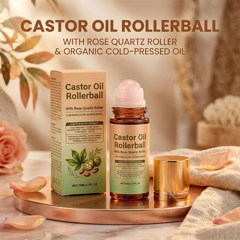 ROVIA 2 PCS Organic Castor Oil Roll On: 100% Cold Pressed Moisturizing Oil with Rose Quartz Roller - for Brows, Lashes, Dry Skin & Face, Travel Friendly Leakproof Roller Bottle